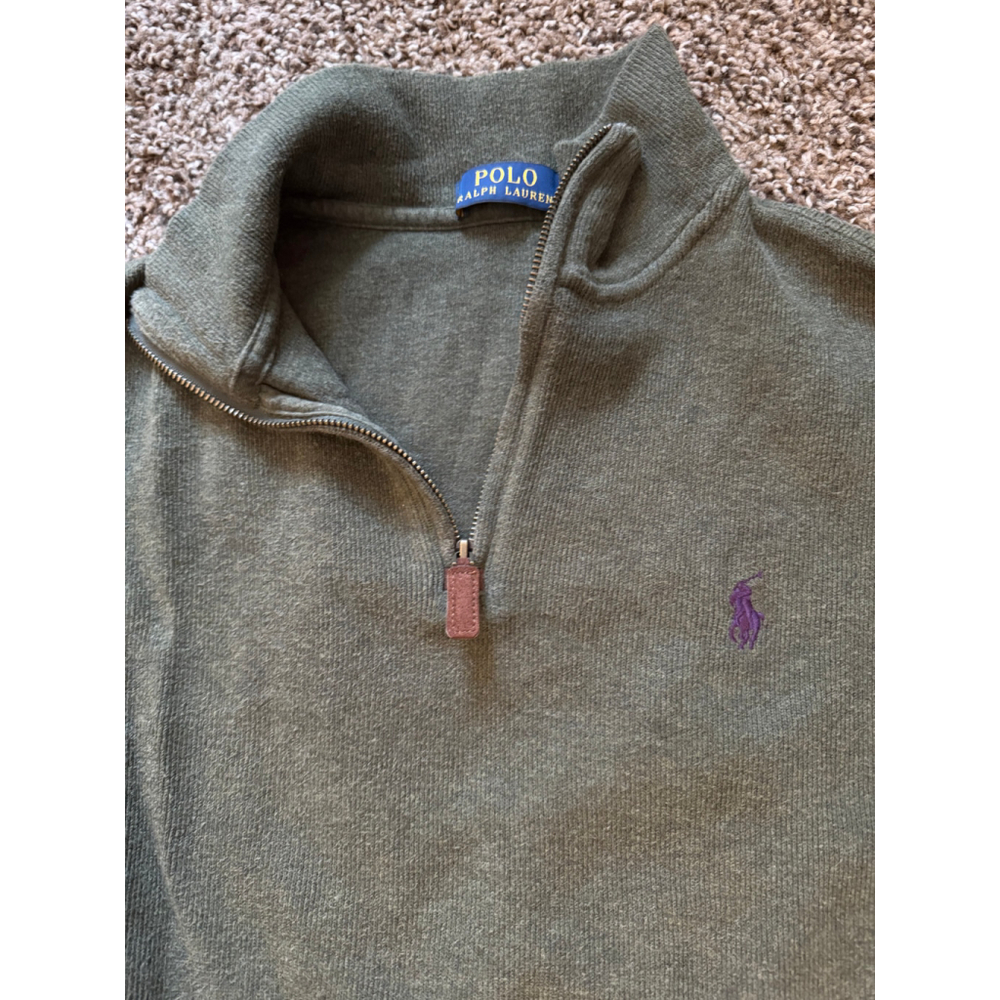Men's Polo Ralph Lauren Green Quarter-Zip Sweater S with Purple Logo - Picture 2 of 5